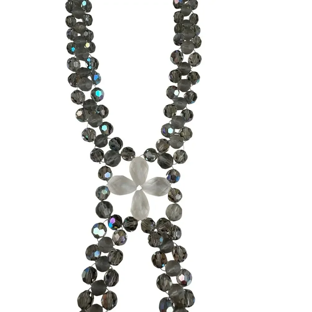 Vintage Signed Swarovski AB Crystal Lariat Necklace Frosted Flower Y Drop Rare